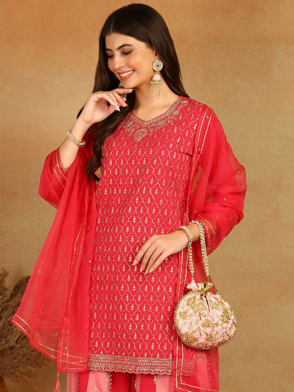 Pink Georgette Solid Embroidered Straight Kurta Palazzo With Dupatta