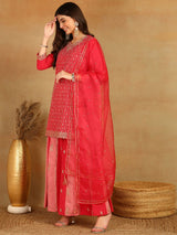 Pink Georgette Solid Embroidered Straight Kurta Palazzo With Dupatta