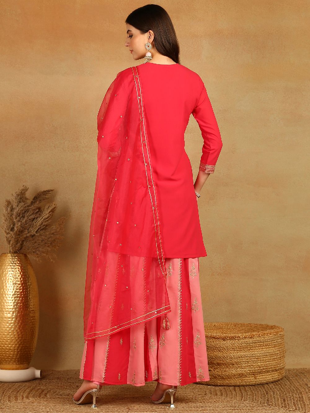 Pink Georgette Solid Embroidered Straight Kurta Palazzo With Dupatta