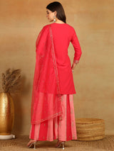 Pink Georgette Solid Embroidered Straight Kurta Palazzo With Dupatta