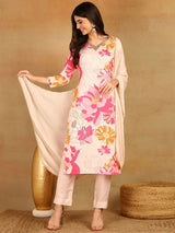 Pink Rayon Blend Floral Printed Straight Kurta Trouser With Dupatta