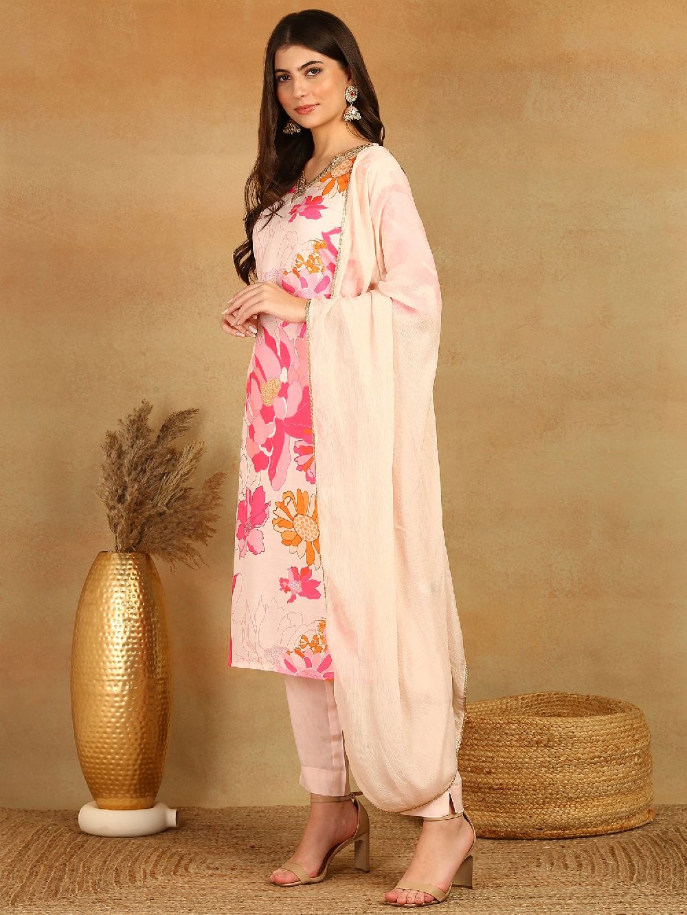 Pink Rayon Blend Floral Printed Straight Kurta Trouser With Dupatta