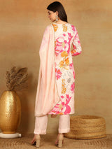 Pink Rayon Blend Floral Printed Straight Kurta Trouser With Dupatta