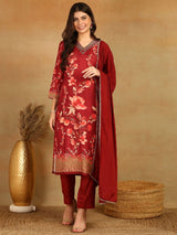 Maroon Rayon Blend Floral Printed Straight Kurta Trouser With Dupatta