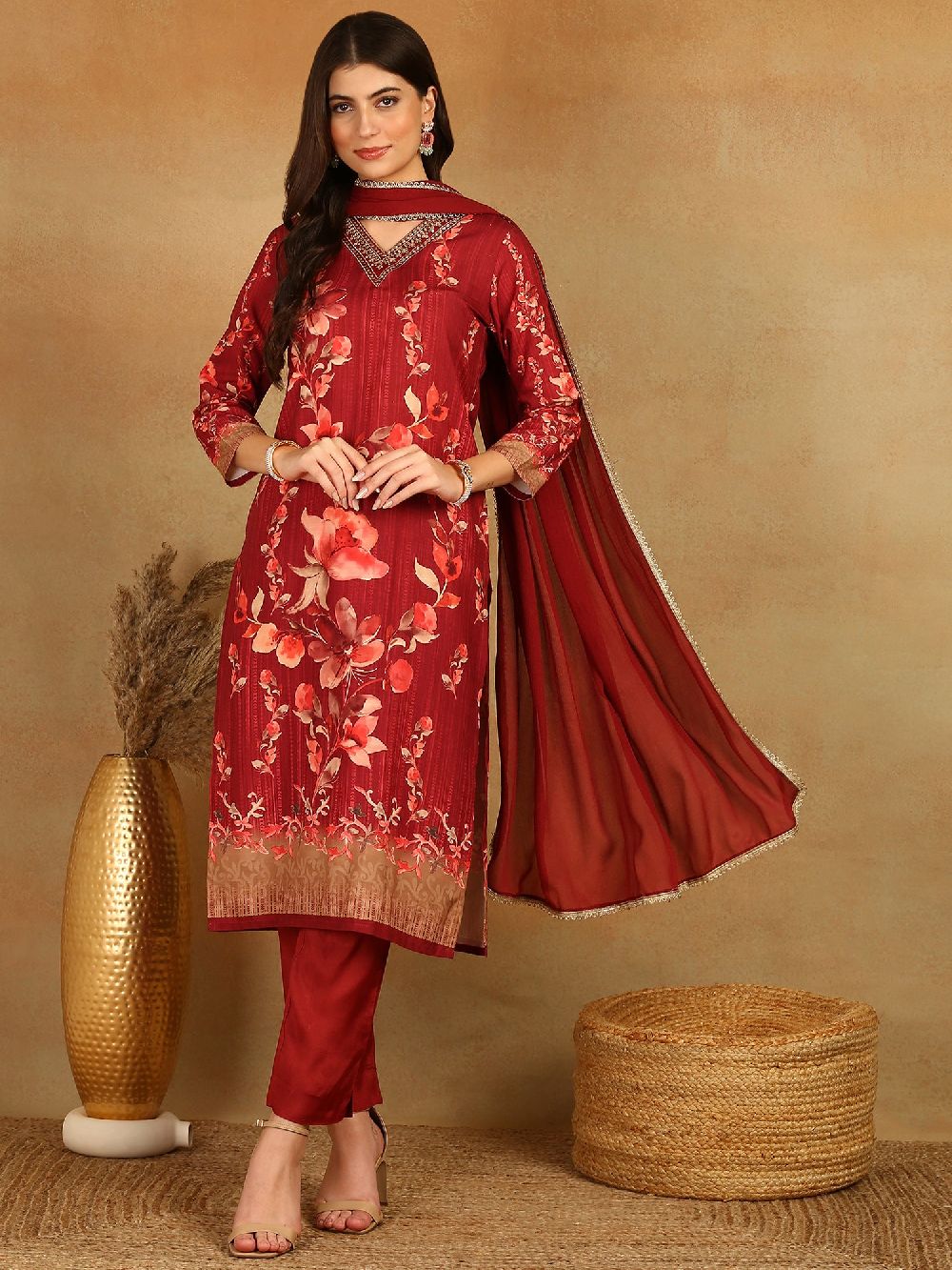 Maroon Rayon Blend Floral Printed Straight Kurta Trouser With Dupatta