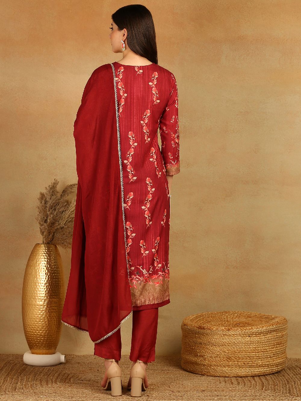 Maroon Rayon Blend Floral Printed Straight Kurta Trouser With Dupatta