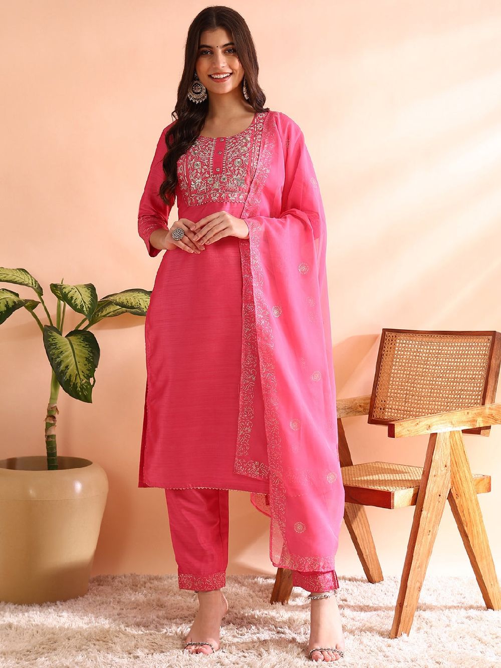 Pink Silk Blend Solid Embroidered Straight Kurta Trousers With Dupatta