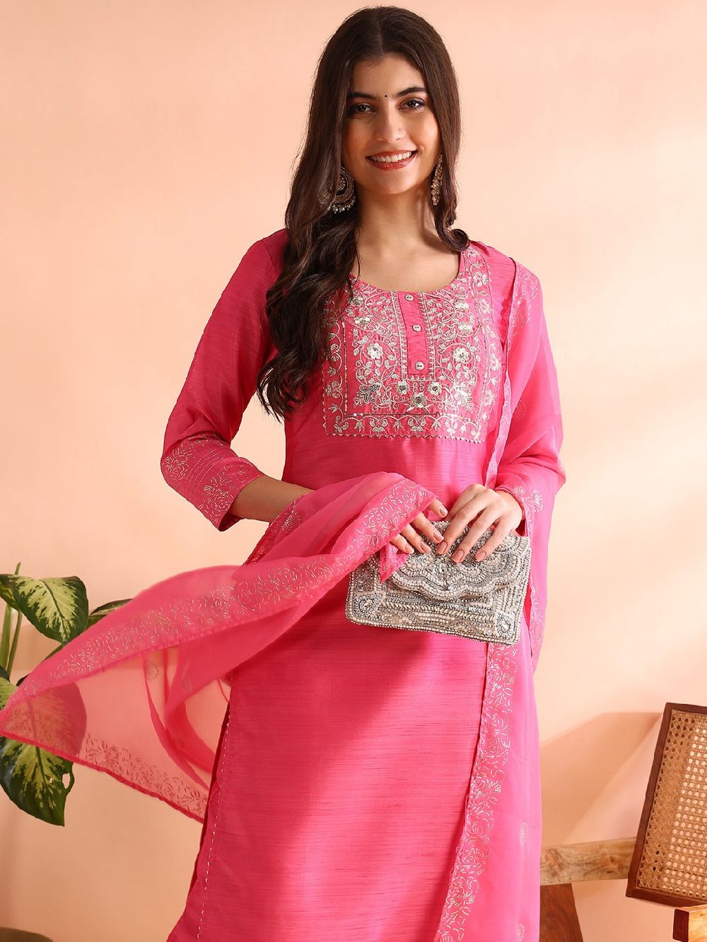 Pink Silk Blend Solid Embroidered Straight Kurti Pants With Dupatta