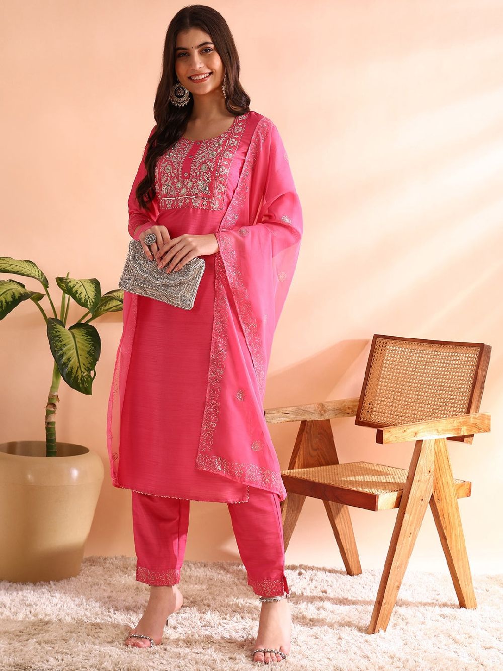 Pink Silk Blend Solid Embroidered Straight Kurta Trousers With Dupatta