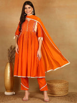 Orange Viscose Rayon Solid Embroidered Anarkali Kurta Trouser With Dupatta