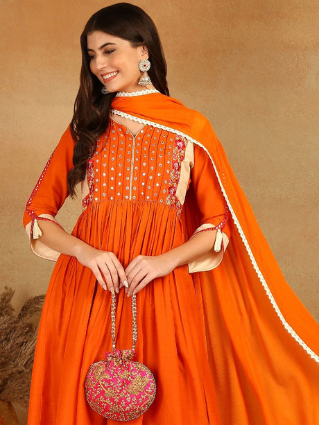 Orange Viscose Rayon Solid Embroidered Anarkali Kurta Trouser With Dupatta