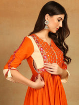 Orange Viscose Rayon Solid Embroidered Anarkali Kurta Trouser With Dupatta