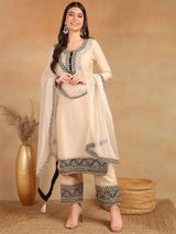 Cream Silk Blend Solid Embroidered Straight Kurta Trouser With Dupatta