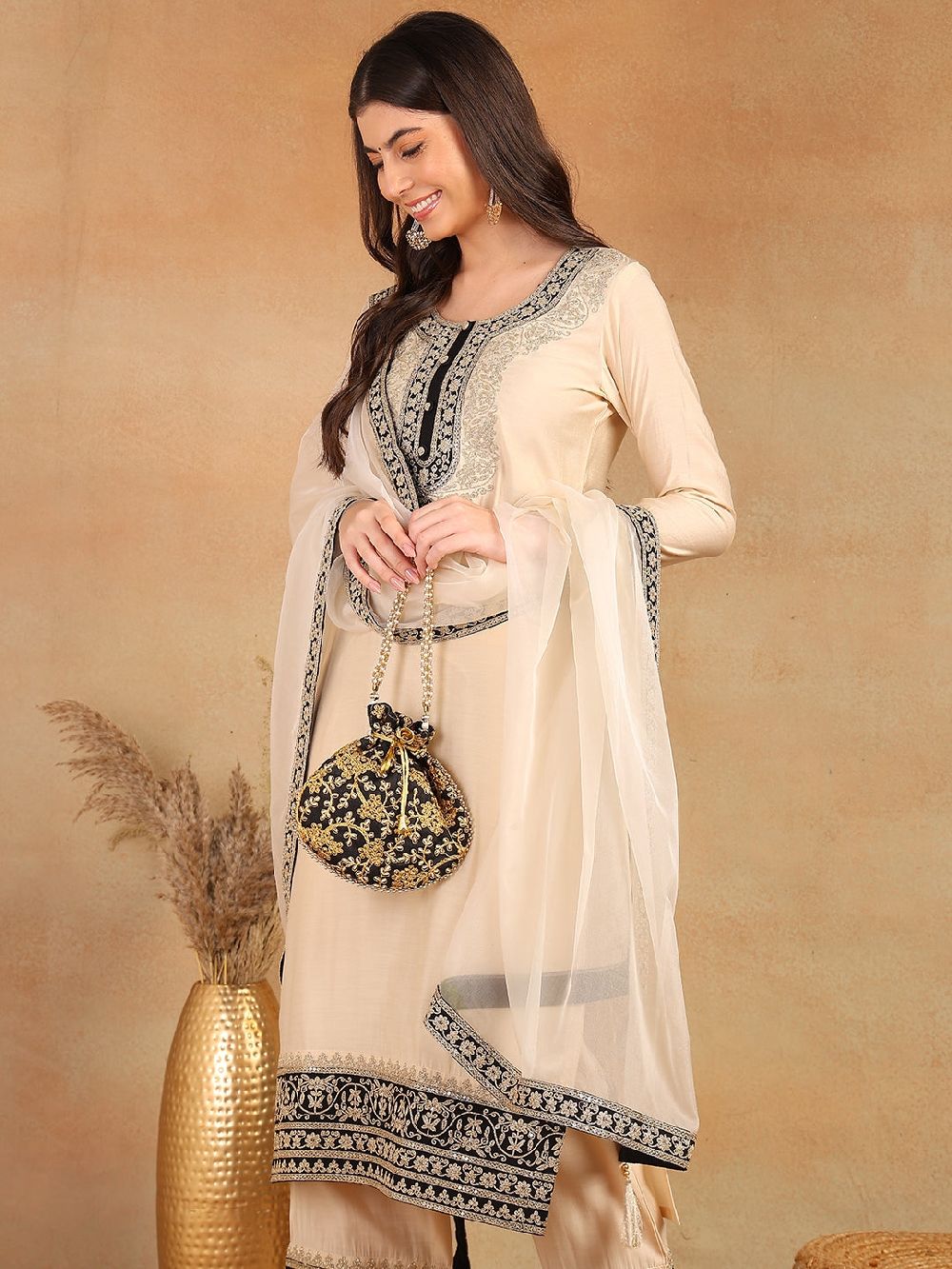 Cream Silk Blend Solid Embroidered Straight Kurta Trouser With Dupatta