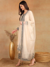 Cream Silk Blend Solid Embroidered Straight Kurta Trouser With Dupatta