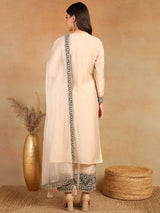 Cream Silk Blend Solid Embroidered Straight Kurta Trouser With Dupatta