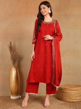 Red Silk Blend Solid Embroidered A-Line Kurta Trouser With Dupatta