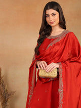 Red Silk Blend Solid Embroidered A-Line Kurta Trouser With Dupatta