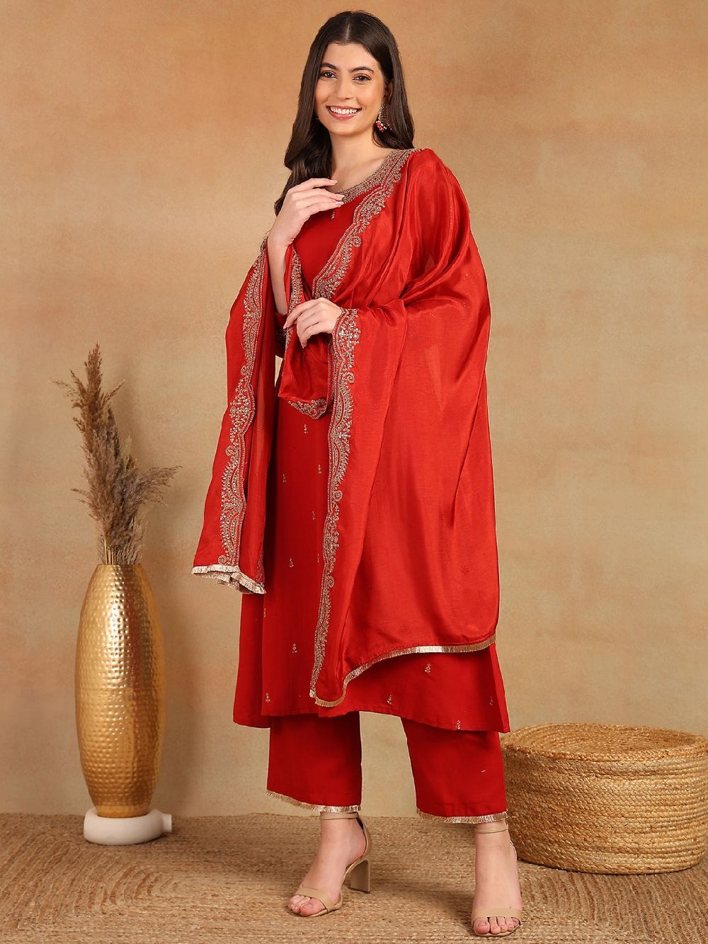 Red Silk Blend Solid Embroidered A-Line Kurta Trouser With Dupatta