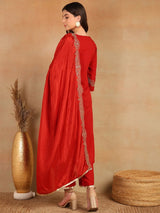 Red Silk Blend Solid Embroidered A-Line Kurta Trouser With Dupatta