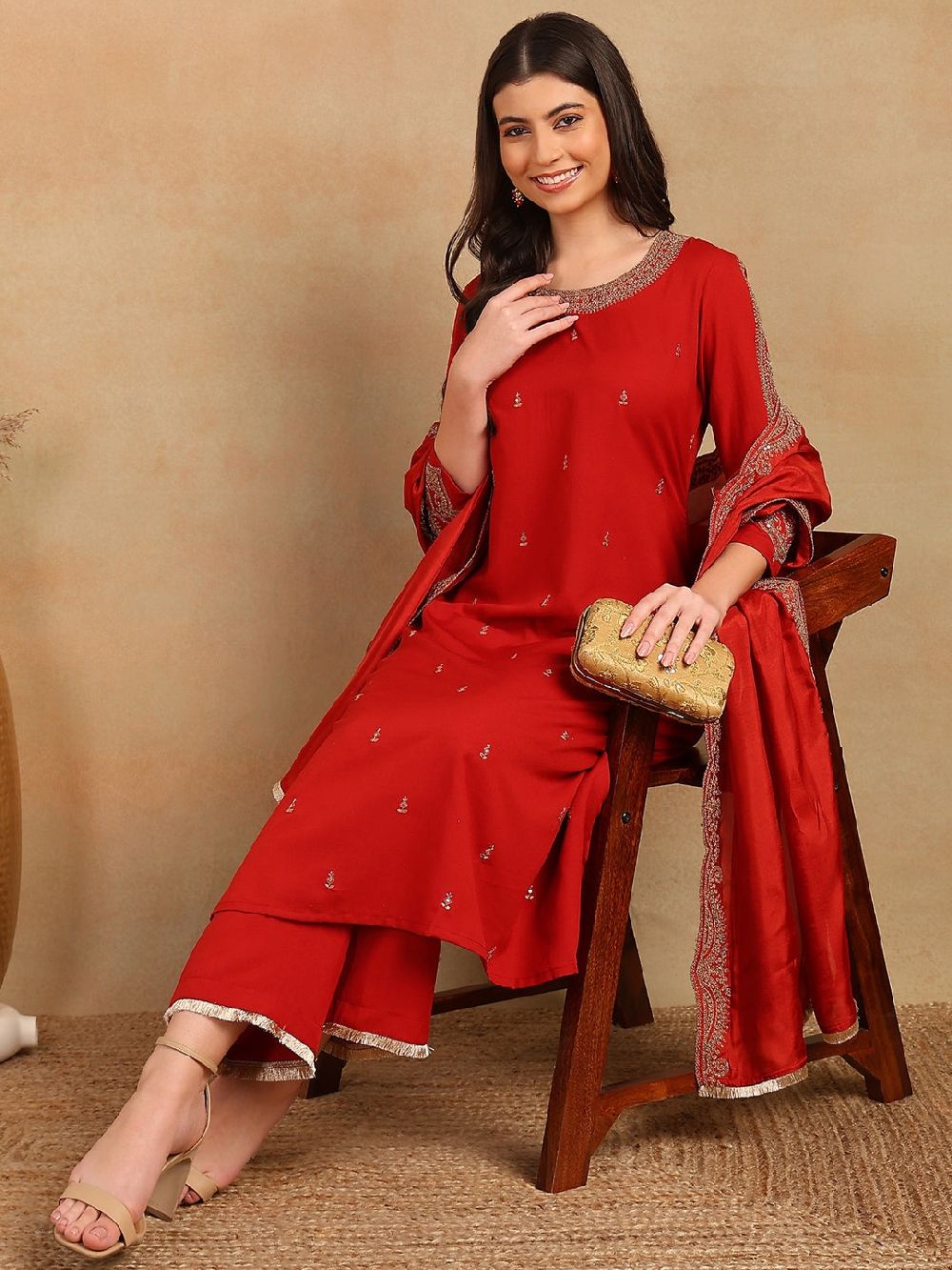 Red Silk Blend Solid Embroidered A-Line Kurta Trouser With Dupatta