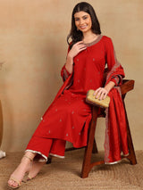 Red Silk Blend Solid Embroidered A-Line Kurta Trouser With Dupatta