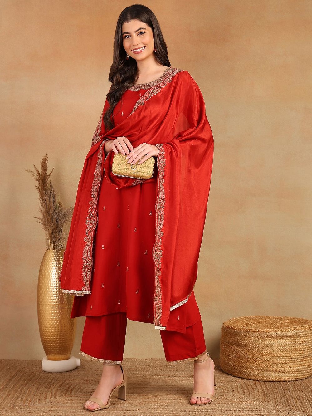 Red Silk Blend Solid Embroidered A-Line Kurta Trouser With Dupatta