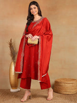 Red Silk Blend Solid Embroidered A-Line Kurta Trouser With Dupatta