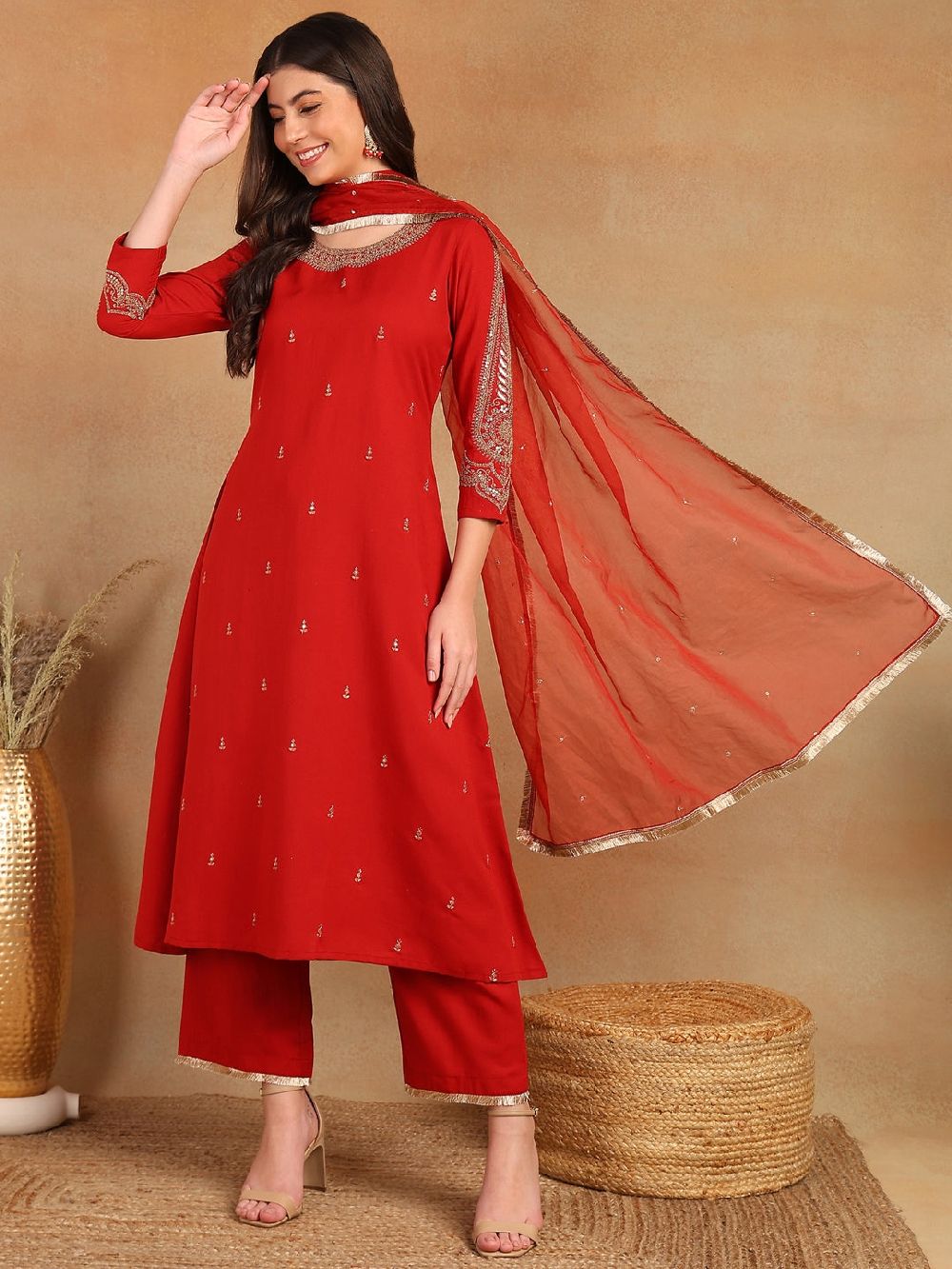 Red Silk Blend Solid Embroidered A-Line Kurta Trouser With Dupatta