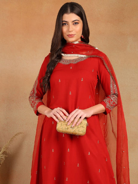 Red Silk Blend Solid Embroidered A-Line Kurta Trouser With Dupatta