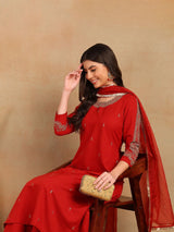 Red Silk Blend Solid Embroidered A-Line Kurta Trouser With Dupatta