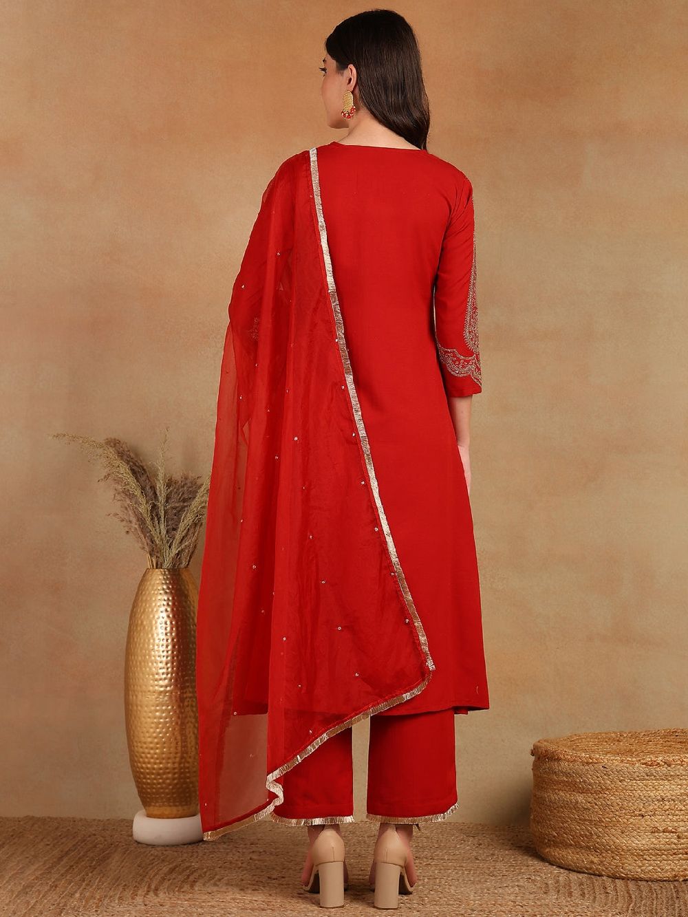 Red Silk Blend Solid Embroidered A-Line Kurta Trouser With Dupatta