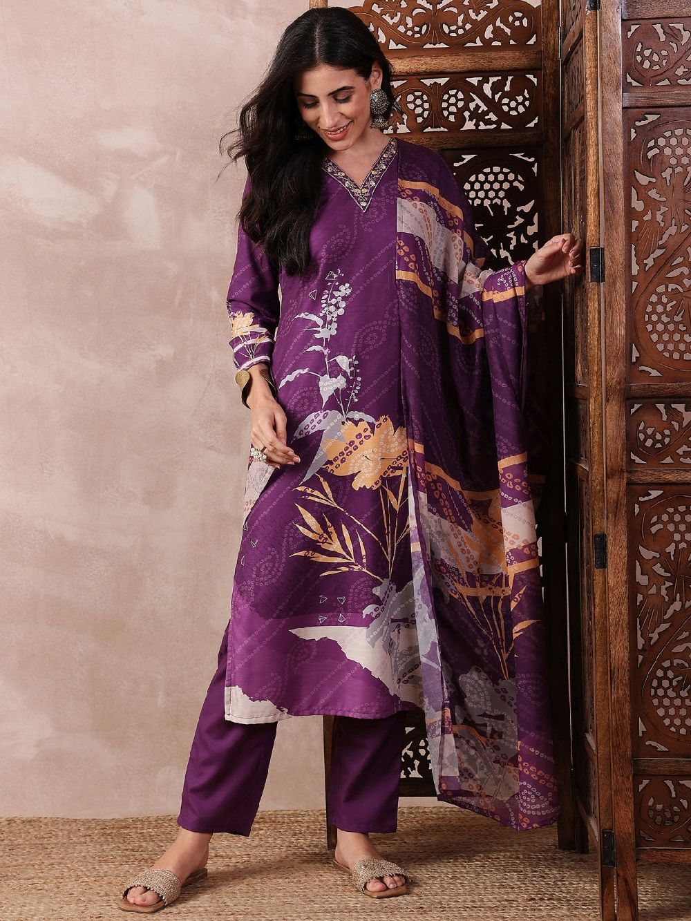 Purple Silk Blend Floral Printed Straight Kurta Trouser With Dupatta