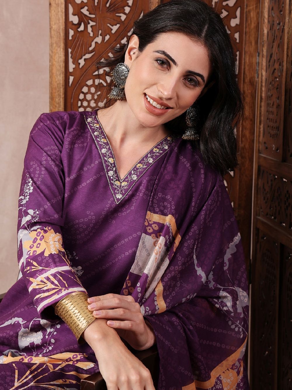 Purple Silk Blend Floral Printed Straight Kurta Trouser With Dupatta