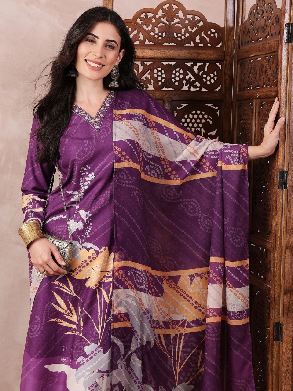 Purple Silk Blend Floral Printed Straight Kurta Trouser With Dupatta