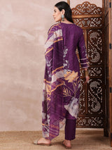 Purple Silk Blend Floral Printed Straight Kurta Trouser With Dupatta