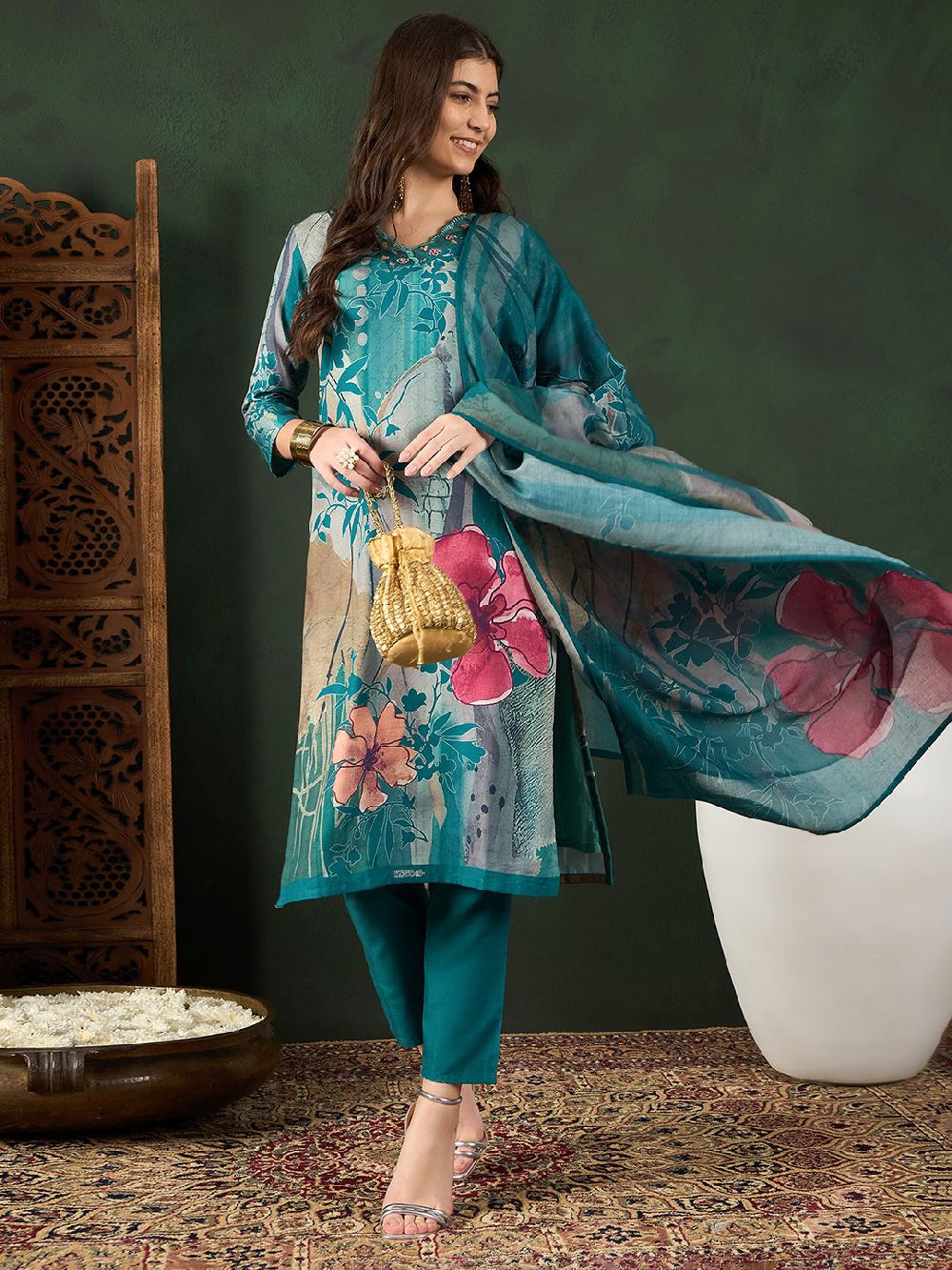 Teal Silk Blend Floral Printed Straight Kurta Trouser With Dupatta