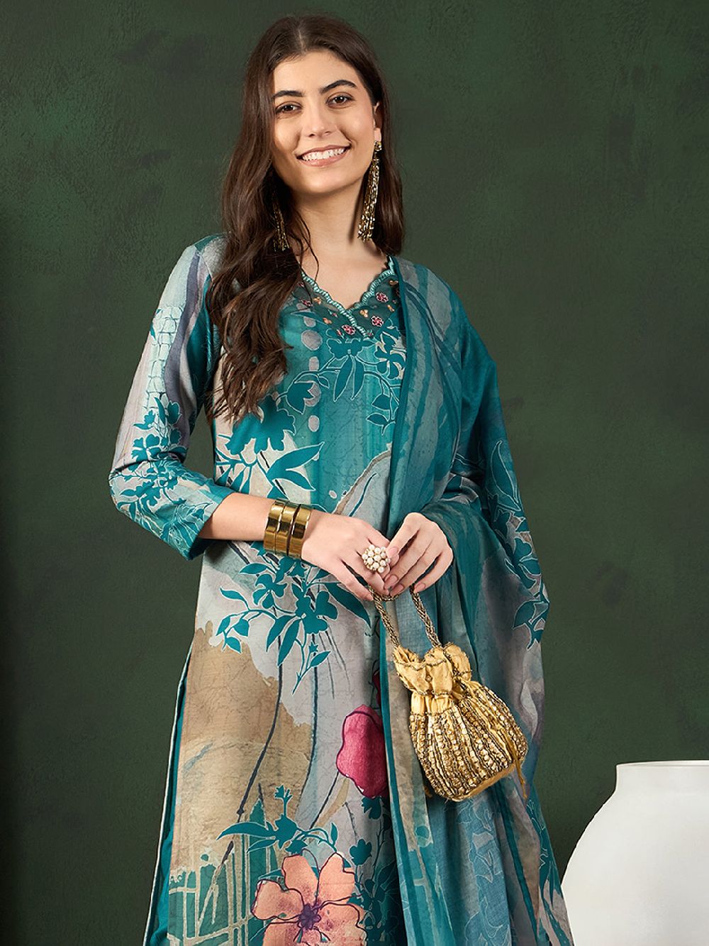 Teal Silk Blend Floral Printed Straight Kurti Pant With Dupatta