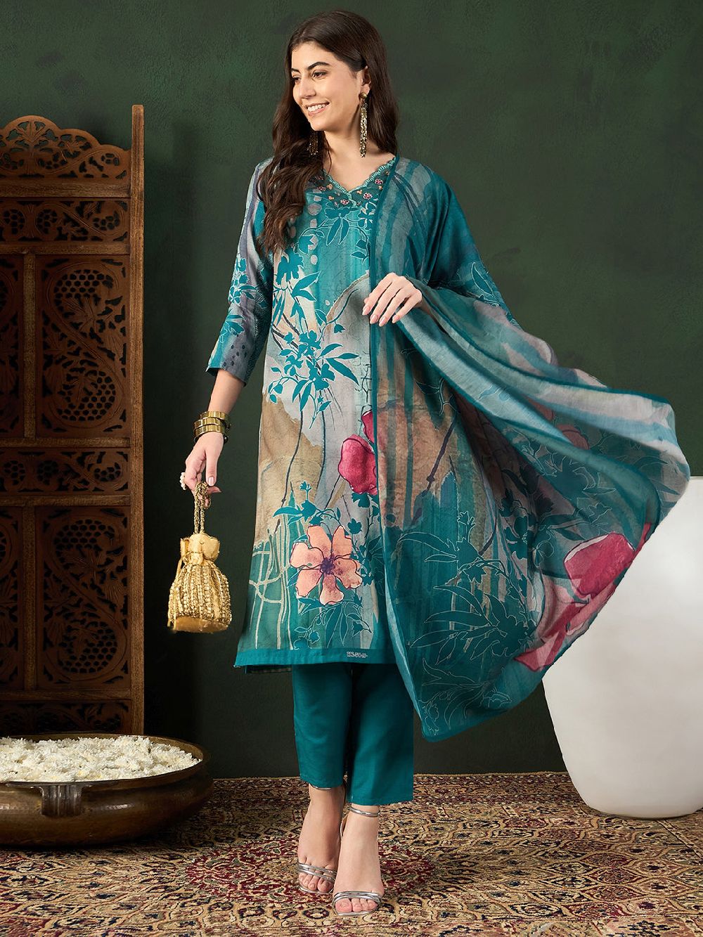 Teal Silk Blend Floral Printed Straight Kurti Pant With Dupatta