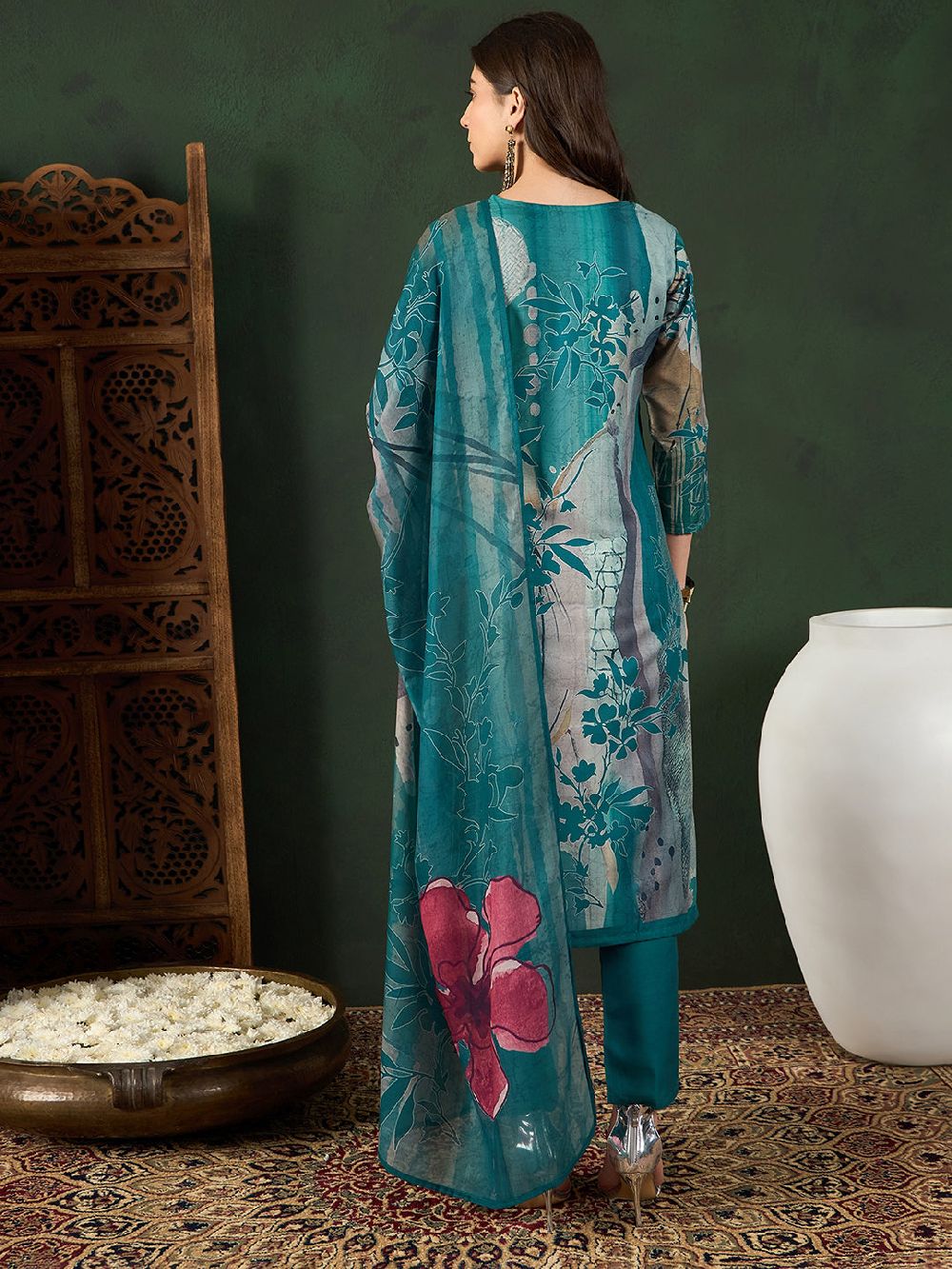 Teal Silk Blend Floral Printed Straight Kurta Trouser With Dupatta