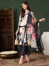 Black Silk Blend Floral Printed Straight Kurti Pant With Dupatta