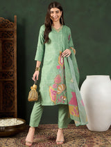 Green Silk Blend Floral Printed Straight Kurta Trouser With Dupatta