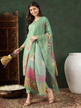 Green Silk Blend Floral Printed Straight Kurti Pant With Dupatta