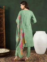 Green Silk Blend Floral Printed Straight Kurta Trouser With Dupatta