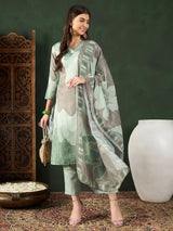 Green Silk Blend Abstract Printed Straight Kurta Trouser With Dupatta