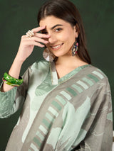 Green Silk Blend Abstract Printed Straight Kurti Pant With Dupatta