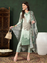 Green Silk Blend Abstract Printed Straight Kurta Trouser With Dupatta