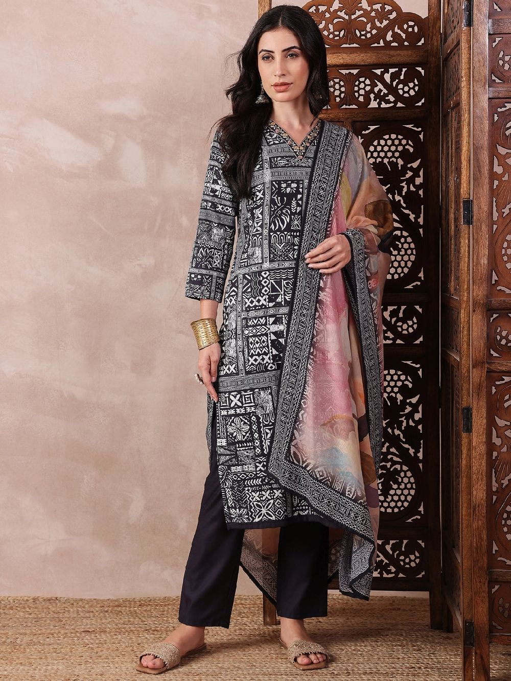 Black Silk Blend Geometric Printed Straight Kurta Trouser With Dupatta