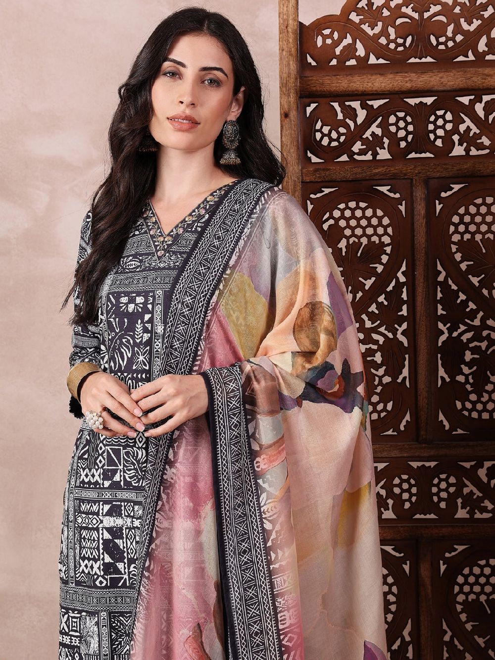 Black Silk Blend Geometric Printed Straight Kurta Trouser With Dupatta