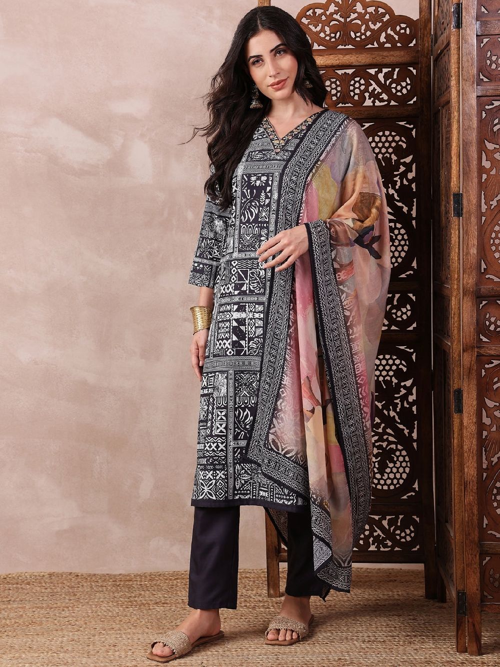 Black Silk Blend Geometric Printed Straight Kurta Trouser With Dupatta